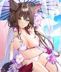 Rule 34 | 1girl, animal ears, bare arms, bare shoulders, bikini, blue archive, bow, breasts, brown hair, chisel, cleavage, cloud, commentary request, dot nose, eyeshadow, flower, forehead, fox ears, hair bow, hair flower, hair ornament, hand up, hibiscus, highres, huge breasts, large breasts, long hair, looking at viewer, makeup, multicolored hair, navel, on shoulder, outdoors, parted lips, pink bikini, red eyeshadow, red hair, sky, streaked hair, swimsuit, thighs, wakamo (blue archive), white bikini, yellow eyes, zzinbbang
