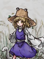 Rule 34 | 1girl, blonde hair, blush, brown headwear, frog, hat, long sleeves, medium hair, moriya suwako, myui17901139, notice lines, open mouth, outstretched arms, purple skirt, purple vest, red ribbon, reeds, ribbon, shirt, sidelocks, skirt, snake, solo, spread arms, touhou, vest, white shirt, wide sleeves, yellow eyes
