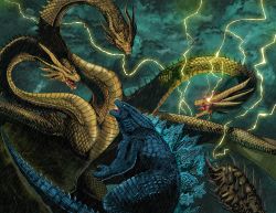 Rule 34 | alien, battle, christian willlett, claws, cloud, cloudy sky, conjoined, dinosaur, dragon, dragon horns, dragon wings, duel, electricity, energy, fangs, fighting, glowing, glowing eyes, godzilla, godzilla: king of the monsters, godzilla (monsterverse), godzilla (series), highres, horns, hydra, kaijuu, king ghidorah, king ghidorah (monsterverse), legendary pictures, lightning, monster, monsterverse, multiple heads, no humans, open mouth, rain, red eyes, scales, sharp teeth, sky, storm, tail, teeth, toho, wings