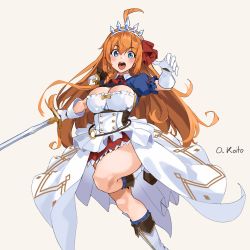 Rule 34 | 1girl, :o, ahoge, armor, beige background, blue eyes, blue socks, blush, boots, bow, braid, breasts, brown footwear, cleavage, closed eyes, gloves, hair between eyes, highres, holding, holding sword, holding weapon, knee up, large breasts, long hair, looking at viewer, o-ring, oliver koito, open mouth, orange bow, orange hair, pauldrons, pecorine (princess connect!), princess connect!, puffy sleeves, red bow, shoulder armor, simple background, single pauldron, socks, solo, standing, standing on one leg, sword, tiara, very long hair, weapon, white footwear, white gloves, yellow background, yellow bow