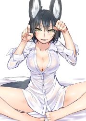 Rule 34 | 1girl, animal ears, bare legs, barefoot, black hair, breasts, butterfly sitting, cleavage, dress shirt, ganesagi, grin, highres, large breasts, nanashi (ganesagi), nanashi (shirogane usagi), no pants, original, paw pose, see-through, shirt, short hair, sitting, sketch, smile, solo, sweatdrop, tail, yellow eyes