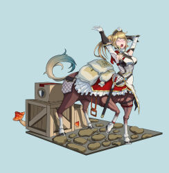 Rule 34 | 1girl, absurdres, aishil (clover theater), animal ears, armpits, arms up, blonde hair, blue background, box, breasts, capelet, cardboard box, centaur, closed eyes, clover theater, commentary request, dress, elbow gloves, fly agaric, frilled dress, frills, full body, gloves, highres, hooves, horse ears, horse tail, large breasts, long hair, miao miao liulizi, monster girl, multiple legs, mushroom, open mouth, pillow, pointy ears, ponytail, red capelet, shadow, sheath, sheathed, sideboob, sidelocks, simple background, sleeveless, sleeveless dress, solo, standing, standing on three legs, stretching, sword, tail, taur, tears, teeth, thigh strap, upper teeth only, vambraces, weapon, white dress, white gloves, yawning