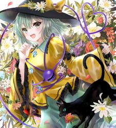 Rule 34 | 1girl, :d, arm up, black cat, breasts, cat, cowboy shot, flower, flower request, green eyes, green hair, green skirt, hajike akira, hand up, happy, hat, hat flower, highres, juliet sleeves, koishi day, komeiji koishi, long sleeves, medium hair, open mouth, puffy sleeves, purple flower, red flower, shirt, skirt, sleeves past wrists, small breasts, smile, solo, touhou, white flower, yellow shirt