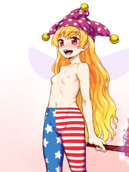 Rule 34 | 1girl, american flag legwear, blonde hair, blush, breasts, cameltoe, cleft of venus, clownpiece, ear blush, fairy wings, flat chest, gradient background, hat, highres, itou yuuji, jester cap, long hair, navel, nipples, open mouth, pantyhose, red eyes, small breasts, smile, solo, striped clothes, striped pantyhose, topless, torch, touhou, very long hair, wings