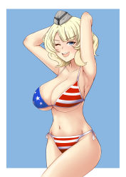 Rule 34 | 1girl, american flag bikini, armpits, arms behind head, bikini, blonde hair, blue background, blue eyes, border, breasts, cleavage, colorado (kancolle), commentary, english commentary, flag print, garrison cap, hat, highres, kantai collection, large breasts, navel, one eye closed, open mouth, puffywaffles, short hair, side-tie bikini bottom, solo, swimsuit, thighs, underboob, white border