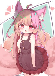 Rule 34 | 1girl, ahoge, animal ear fluff, animal ears, bare arms, bare shoulders, black dress, blush, border, brown hair, buttons, collarbone, commentary request, cowboy shot, double-parted bangs, dress, fang, flat chest, green background, heart, highres, looking at viewer, miria (mamamamave), multicolored hair, multiple tails, notice lines, open mouth, original, outside border, pink hair, red eyes, sidelocks, skin fang, smile, solo, standing, tail, thick eyebrows, white border