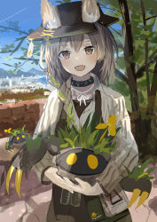 Rule 34 | 1girl, :d, animal ear fluff, arknights, bag, beanstalk (arknights), black collar, black hat, black shirt, blue sky, blush, bottle, braid, braided ponytail, branch, brick wall, brown eyes, brown pants, city, collar, collared shirt, commentary, cowboy shot, creature, day, ears through headwear, english text, fangs, grass, hair between eyes, hair over shoulder, hat, headwear request, highres, holding, holding creature, hyena ears, hyena girl, koge nattou, lake, long hair, long sleeves, looking at viewer, low ponytail, metal crab (arknights), mountain, mountainous horizon, neck ribbon, open hands, open mouth, outdoors, pants, ribbon, shirt, shirt under shirt, shoulder bag, single braid, sky, sleeves past wrists, smile, solo, standing, striped clothes, striped shirt, tag, tree, white ribbon, white shirt, wing collar