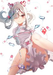 Rule 34 | 1girl, ahoge, apron, bad id, bad pixiv id, bandaged arm, bandages, blood, blood bag, blush, closed mouth, commentary, eyes visible through hair, feet out of frame, frills, gloves, hair ornament, hair over one eye, hat, long hair, looking at viewer, mashiromi noah, mole, mole under eye, nijisanji, nurse, nurse cap, pill, red eyes, short sleeves, silver hair, sitting, smile, solo, sukoya kana, syringe, thighs, twintails, virtual youtuber, water, white apron, white background, white gloves, white hat, white wrist cuffs, wrist cuffs, x hair ornament