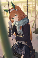 Rule 34 | 1girl, animal ears, black jacket, black pantyhose, black skirt, blunt bangs, blurry, blurry foreground, blush, closed mouth, ear covers, enpera, feet out of frame, fringe trim, gloves, green eyes, green scarf, hairband, highres, horse ears, horse girl, jacket, long hair, long sleeves, looking at viewer, ningen gokko, open clothes, open jacket, orange hair, outdoors, pantyhose, plaid, plaid scarf, pleated skirt, scarf, silence suzuka (umamusume), skirt, solo, umamusume, white gloves, white hairband