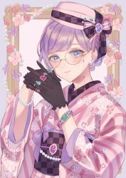 Rule 34 | 1girl, anoa, bead bracelet, beads, black gloves, black ribbon, blue eyes, blue gemstone, blush, bracelet, checkered sash, closed mouth, colored eyelashes, floral print, flower, gem, glasses, gloves, green gemstone, hat, hat ribbon, highres, japanese clothes, jewelry, kimono, looking at viewer, obi, original, own hands together, picture frame, pink hat, pink kimono, print kimono, purple gemstone, purple hair, red gemstone, ribbon, ring, round eyewear, sash, short hair, single sidelock, solo, striped clothes, striped kimono, swept bangs, upper body, violet (flower), yellow-framed eyewear