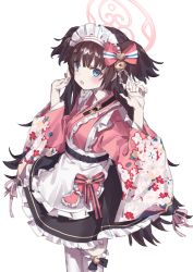 Rule 34 | 1girl, absurdres, bell, black skirt, blue archive, bow, commentary, cottone (highjethoo), frilled kimono, frills, halo, highres, japanese clothes, kimono, long hair, maid headdress, pink bow, pink kimono, purple eyes, shizuko (blue archive), skirt, solo