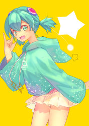1girl, :d, antennae, aqua eyes, aqua hair, aqua hoodie, blush, character print, commentary, cowboy shot, hagoromo lala, hair between eyes, hair ornament, hair up, hand up, heart, heart hair ornament, hood, hood down, jj (ssspulse), looking at viewer, open mouth, pleated skirt, pointy ears, precure, prunce (precure), shadow, shiny, shiny skin, short hair, short twintails, simple background, skirt, smile, solo, star (symbol), star print, star twinkle precure, twintails, w, white skirt, yellow background