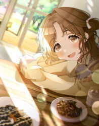 Rule 34 | 1girl, blush, brown eyes, brown hair, day, highres, ichikawa hinana, idolmaster, idolmaster shiny colors, indoors, lens flare, light rays, long sleeves, looking at viewer, open mouth, plate, smile, solo, sunbeam, sunlight, table, umeume (totoya), window