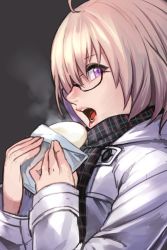 Rule 34 | 1girl, ahoge, breath, casual, coat, eating, fate/grand order, fate (series), glasses, grey background, hair bun, hair over one eye, hungry clicker, light purple hair, looking to the side, mash kyrielight, mash kyrielight (fgo x lawson), open mouth, plaid, plaid scarf, profile, purple eyes, scarf, short hair, simple background, single hair bun, solo, winter clothes