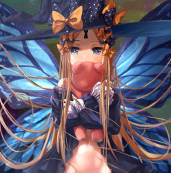 Rule 34 | 1girl, abigail williams (fate), black bow, black dress, black hat, blonde hair, blue eyes, bow, breasts, butterfly wings, clothes lift, dress, dress lift, fate/grand order, fate (series), forehead, hair bow, hat, insect wings, keyhole, long hair, multiple hair bows, navel, orange bow, parted bangs, polka dot, polka dot bow, ribbed dress, sakazakinchan, small breasts, stuffed animal, stuffed toy, teddy bear, wings, witch hat