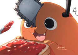 Rule 34 | blush, bread, bread slice, butter knife, chainsaw, chainsaw man, fangs, food, happy, jam, knife, kuun (god khunbam), open mouth, pochita (chainsaw man), sharp teeth, simple background, solo, teeth, toast, twitter username, white background