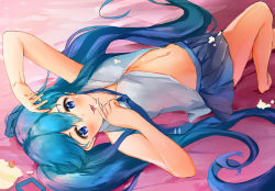 Rule 34 | 1girl, :p, absurdly long hair, anniversary, aqua eyes, aqua hair, artist name, artist request, bare legs, barefoot, blue eyes, blue hair, blue skirt, breasts, buttons, feet, female focus, full body, hair over shoulder, hatsune miku, highres, junch cos, long hair, open clothes, shirt, skirt, small breasts, solo, stomach, tongue, tongue out, twintails, upside-down, very long hair, vocaloid, white shirt