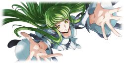 Rule 34 | 1girl, arms up, artist request, blurry, breasts, c.c., code geass, code geass: lost stories, collarbone, depth of field, female focus, foreshortening, from above, full body, game cg, green hair, highres, long hair, long sleeves, looking at viewer, looking up, medium breasts, non-web source, official art, parted lips, reaching, reaching towards viewer, shoes, sidelocks, simple background, solo, spread fingers, straitjacket, teeth, transparent background, very long hair, white footwear, wide sleeves, yellow eyes
