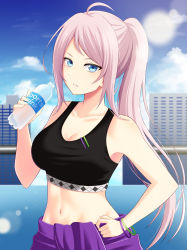 Rule 34 | 1girl, ahoge, blue eyes, blue sky, bottle, bracelet, breasts, cleavage, clothes around waist, cloud, collarbone, day, drink, hand on own hip, highres, holding, holding bottle, ichiban577, jewelry, long hair, love live!, love live! nijigasaki high school idol club, medium breasts, midriff, mole, mole under eye, navel, outdoors, parted lips, pink hair, ponytail, railing, sky, solo, sports bra, stomach, sweater, sweater around waist, very long hair, zhong lanzhu