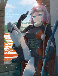Rule 34 | 1girl, belt, black cape, black footwear, black gloves, blue eyes, blue sky, breasts, cape, copyright name, day, enishdax, gloves, goggles, goggles on head, gun, hecate benetti, holding, holding gun, holding weapon, indoors, knee pads, lens flare, medium breasts, medium hair, pink hair, pixiv fantasia, pixiv fantasia last saga, red cape, sky, smile, thighhighs, two-tone cape, weapon, window