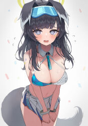 Rule 34 | 1girl, absurdres, animal ears, bangle, bare shoulders, black hair, blue archive, blue eyes, blush, bracelet, breasts, cheerleader, cleavage, clothes pull, collarbone, cowboy shot, detached collar, dog ears, dog girl, dog tail, eyewear on head, flying sweatdrops, gradient background, grey background, halo, hibiki (blue archive), hibiki (cheer squad) (blue archive), highres, jewelry, large breasts, leaning forward, long hair, looking at viewer, millennium cheerleader outfit (blue archive), miniskirt, nano (nandemo note31), navel, official alternate costume, open mouth, skirt, skirt pull, solo, star sticker, sticker on arm, sticker on face, swimsuit, tail, tearing up, tears, text print, thighs, white skirt, yellow halo