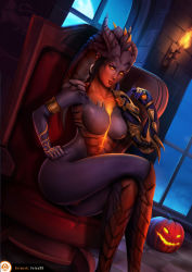 Rule 34 | 1girl, artist name, breasts, breasts apart, chair, collarbone, colored sclera, commentary, cowboy shot, crossed legs, dragon girl, dragon horns, dragon symmetra, dutch angle, earrings, felox08, glowing, glowing eyes, glowing skin, hand on own hip, hoop earrings, horns, indoors, jack-o&#039;-lantern, jewelry, lips, long hair, looking at viewer, mechanical arms, medium breasts, moon, night, no nipples, official alternate costume, orange eyes, overwatch, overwatch 1, parted lips, scales, signature, single mechanical arm, smile, solo, symmetra (overwatch), tentacle hair, tile floor, tiles, torch, window, yellow sclera