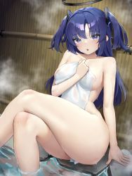Rule 34 | 1girl, areola slip, ass, blue archive, blue eyes, blush, breasts, collarbone, crossed legs, halo, highres, hoyhoy colo, long hair, looking at viewer, medium breasts, naked towel, nude, onsen, open mouth, parted bangs, purple eyes, purple hair, sitting, solo, steam, thighs, towel, two side up, water, wet, yuuka (blue archive)