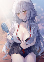 Rule 34 | 1girl, black bra, black choker, black skirt, blurry, blurry background, blush, bra, bra peek, breasts, choker, cleavage, clenched teeth, collarbone, collared shirt, day, electric fan, fang, fate/grand order, fate (series), grey hair, hand fan, heirou, highres, holding, holding fan, jeanne d&#039;arc alter (avenger) (fate), jeanne d&#039;arc alter (fate), large breasts, long hair, looking at viewer, parted lips, pleated skirt, shirt, short sleeves, sitting, skirt, solo, sunlight, sweat, teeth, thighs, underwear, very long hair, wet, white hair, white shirt, yellow eyes