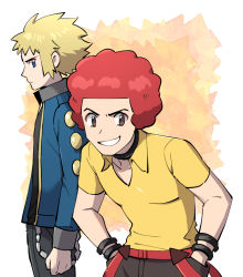 Rule 34 | 2boys, afro, bad id, bad twitter id, black choker, blonde hair, blue eyes, brown eyes, choker, closed mouth, collared shirt, commentary request, creatures (company), dede (qwea 00000), elite four, flint (pokemon), game freak, gym leader, hands in pockets, jacket, korean commentary, long sleeves, male focus, multiple boys, nintendo, pants, pokemon, pokemon dppt, red hair, shirt, short sleeves, smile, spiked hair, volkner (pokemon), yellow shirt