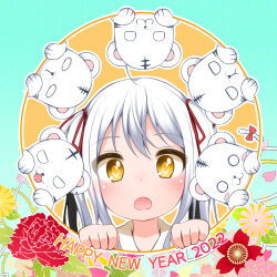 Rule 34 | 1girl, 2022, ahoge, animal, blush, bow, chinese zodiac, clenched hands, fang, floral background, flower, gokotai yoshimitsu, hair bow, hand up, happy new year, highres, kikumon, new year, open mouth, patterned background, shouji ayumu, tenka hyakken, tiger, tiger cub, twintails, white hair, year of the tiger, yellow eyes