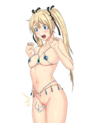 Rule 34 | 1girl, bikini, black ribbon, blonde hair, blue eyes, blush, breasts, cleft of venus, dead or alive, dead or alive xtreme, embarrassed, fortune bikini, hair ribbon, long hair, marie rose, micro bikini, navel, open mouth, pussy, ribbon, simple background, small breasts, solo, standing, swimsuit, twintails, uncensored, wardrobe malfunction, white background, zetxsuna