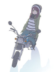 Rule 34 | 1girl, bicycle, black scarf, closed mouth, coat, denim, eyes visible through hair, full body, green coat, green eyes, hands in pockets, highres, jeans, long hair, long sleeves, looking at viewer, motor vehicle, motorcycle, multicolored clothes, oversized clothes, oversized shirt, pants, red hair, riding, riding bicycle, scarf, shadow, shirt, shoes, simple background, sjw kazuya, smile, sneakers, solo, striped clothes, striped shirt, toki ayano, vehicle request, white background, woollen cap, yurucamp