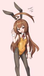 Rule 34 | 1girl, absurdres, ahoge, alternate costume, animal ears, black leotard, bow, bowtie, breasts, brown eyes, brown hair, covered navel, detached collar, feet out of frame, highres, huge ahoge, kantai collection, kuma (kancolle), leotard, long hair, maru (marg0613), neck ribbon, one-hour drawing challenge, orange leotard, pantyhose, playboy bunny, rabbit ears, red ribbon, ribbon, small breasts, solo, strapless, strapless leotard, wrist cuffs
