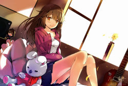 Rule 34 | 1girl, :d, bed, brown eyes, brown hair, casual, character doll, dutch angle, electric guitar, flower, guitar, hair ornament, hairclip, hirasawa yui, instrument, jojofon, k-on!, long hair, looking at viewer, open mouth, original, petals, pillow, pleated skirt, short hair, sitting, skirt, smile, solo, stuffed animal, stuffed rabbit, stuffed toy