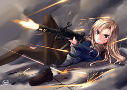 Rule 34 | assault rifle, bad id, bad pixiv id, blazer, blonde hair, blood, brown eyes, casing ejection, cuts, dreadtie, gun, highres, howa type 89, injury, jacket, kawase ai, long hair, original, pantyhose, rifle, scarf, school uniform, shell casing, skirt, solo, torn clothes, torn pantyhose, uniform, weapon