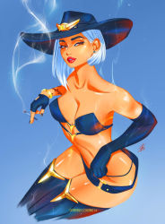 Rule 34 | 1girl, adapted costume, arm tattoo, ashe (overwatch), asymmetrical gloves, asymmetrical hair, bad id, bad pixiv id, bare shoulders, belt, bikini, black nails, blue background, blue bikini, blue gloves, blue thighhighs, bracelet, breasts, cigarette, cleavage, collarbone, commentary, cowboy hat, earrings, english commentary, artistic error, eyelashes, gloves, hat, invisible chair, jewelry, legs together, lipstick, looking at viewer, loose belt, makeup, medium breasts, mismatched gloves, mole, mole above mouth, nail polish, overwatch, overwatch 1, red eyes, red lips, short hair, sitting, smoking, solo, stud earrings, swimsuit, tatti art, tattoo, thick eyebrows, thighhighs, white hair