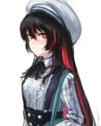 Rule 34 | 1girl, absurdres, beret, black bow, black bowtie, black hair, blush, bow, bowtie, breasts, buttons, closed mouth, collared shirt, colored inner hair, commentary request, genderswap, genderswap (mtf), hair between eyes, hat, high-waist skirt, highres, long hair, long sleeves, looking at viewer, mogukk, multicolored hair, pink eyes, pink hair, ren (witch&#039;s weapon), shirt, sidelocks, simple background, skirt, small breasts, solo, suspender skirt, suspenders, two-tone hair, upper body, very long hair, white background, white hat, white shirt, witch&#039;s weapon