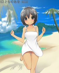 Rule 34 | 1girl, barefoot, beach, black eyes, black hair, blush, cloud, day, dress, female focus, flower, forearms at chest, harem gain, hat, looking at viewer, moshi (atelier33-4), no panties, official art, outdoors, pussy, running, sand, short hair, sky, smile, solo, standing, standing on one leg, straw hat, sundress, thigh gap, uncensored, upskirt, water, wind, wind lift