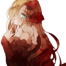 Rule 34 | 10s, 1girl, bare shoulders, blonde hair, blood, blood on face, blood on clothes, blue eyes, dragon nest, dress, evil smile, finger to mouth, from side, grin, knife, long hair, looking at viewer, red dress, shang xiao (slick321), smile, solo, white background