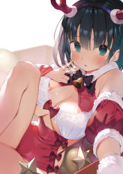 Rule 34 | 1girl, :o, antlers, bare shoulders, bell, black bow, blue hair, blush, bow, bra, breasts, christmas dress, christmas ornaments, cleavage, collar, corset, frilled bra, frills, fur collar, fur sleeves, gaou (umaiyo puyoman), hand on own chest, horns, knee up, large breasts, looking at viewer, neck bell, original, red bow, reindeer antlers, selfie, solo, underwear, v, white bra, wrist cuffs