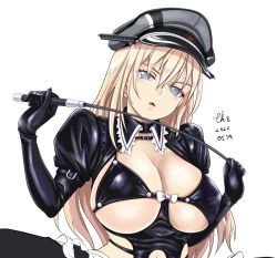Rule 34 | 1girl, bismarck (kancolle), black bra, black gloves, black hat, blonde hair, blue eyes, bra, breasts, cleavage, clothing cutout, commentary request, dated, detached collar, dominatrix, elbow gloves, gloves, hair between eyes, hat, holding, holding riding crop, kantai collection, large breasts, latex, long hair, navel cutout, parted lips, peaked cap, puffy short sleeves, puffy sleeves, riding crop, short sleeves, shrug (clothing), signature, simple background, solo, tk8d32, underbust, underwear, white background