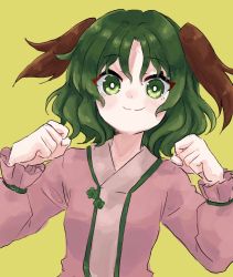 Rule 34 | 1girl, animal ears, closed mouth, dog ears, dress, green eyes, green hair, highres, himari ra, kasodani kyouko, long sleeves, one-hour drawing challenge, pink dress, short hair, simple background, smile, solo, touhou, upper body, yellow background
