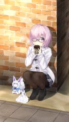 Rule 34 | 1girl, 2hands1cup, 7 calpis 7, :o, against wall, alternate costume, ankle boots, bag, black-framed eyewear, black footwear, black pantyhose, blush, boots, brick wall, capelet, coat, creature, cup, day, disposable cup, duffel coat, fate/grand order, fate (series), fou (fate), glasses, grey skirt, hair over one eye, highres, holding, holding cup, legs together, long sleeves, mash kyrielight, mash kyrielight (fgo x lawson), official alternate costume, outdoors, pantyhose, parted lips, pink hair, plaid, plaid skirt, purple eyes, shopping bag, short hair, signature, sitting, skirt, squatting, steam, tareme, white coat