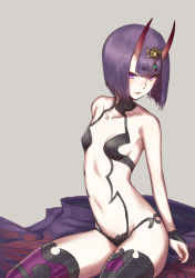 Rule 34 | 1girl, bare shoulders, breasts, collarbone, emoshon, eyes visible through hair, fate/grand order, fate (series), grey background, highres, horns, jewelry, light smile, looking at viewer, medium hair, navel, parted lips, petite, purple eyes, purple hair, shuten douji (fate), shuten douji (first ascension) (fate), simple background, skin-covered horns, small breasts, solo