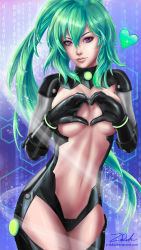 Rule 34 | 10s, 1girl, artist name, black gloves, bracelet, breast press, breasts squeezed together, breastless clothes, breasts, breasts out, covering privates, covering breasts, cowboy shot, eyelashes, gloves, glowing, green hair, green heart (neptunia), hair between eyes, hand gesture, hands on own chest, head tilt, heart, heart hands, hexagon, highres, jewelry, legs together, leotard, lips, long hair, looking at viewer, navel, neptune (series), parted lips, ponytail, purple eyes, revealing clothes, signature, solo, sparkle, stomach, symbol-shaped pupils, teeth, thighs, tsurime, vert (neptunia), very long hair, z-duke