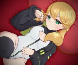 1girl alice_gear_aegis black_jacket black_thighhighs blonde_hair circle_cutout cleavage_cutout clothing_cutout companion/af covered_collarbone front_zipper full-length_zipper green_eyes heattech_leotard highleg highleg_leotard highres jacket kotomura_akane leotard looking_at_viewer low_twintails lying nail_polish pillow race_queen red_nails sleeveless_turtleneck_leotard solo thighhighs turtleneck twintails two-tone_leotard white_leotard yubisaki_8c zipper zipper_leotard zipper_pull_tab