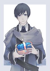 Rule 34 | 1boy, aku no musume (vocaloid), aqua gemstone, ascot, black ascot, blue crown, blue eyes, blue hair, cape, collared shirt, crown, epaulettes, grey cape, grey scarf, highres, holding, holding crown, kaito (vocaloid), kyle marlon, light smile, looking at object, looking down, male focus, michaela (evillious nendaiki), muted color, ocean, scarf, shirt, short hair, single epaulette, solo, spot color, swept bangs, tomari drew, upper body, vocaloid, white shirt