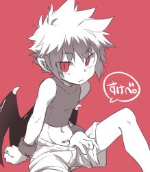 Rule 34 | 1boy, bad id, bad pixiv id, barcode, barcode tattoo, clothes pull, demon boy, looking at viewer, male focus, monochrome, original, pointy ears, pubic tattoo, red background, red eyes, shorts, shorts pull, simple background, sleeveless, solo, spiked hair, spot color, tattoo, wings, wool bl