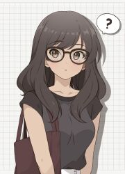Rule 34 | 1girl, ?, bag, black bag, black hair, brown eyes, chocomiru, collarbone, commentary, english commentary, glasses, grid background, highres, long hair, looking at viewer, open mouth, original, short sleeves, shoulder bag, skirt, solo, speech bubble, white skirt
