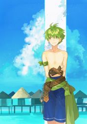Rule 34 | 1boy, bare pectorals, blue sky, day, fire emblem, fire emblem: the binding blade, green eyes, green hair, leaning on object, male focus, nintendo, noki (affabile), outdoors, pectorals, shorts, sky, smile, solo, wolt (fire emblem), wolt (summer) (fire emblem)
